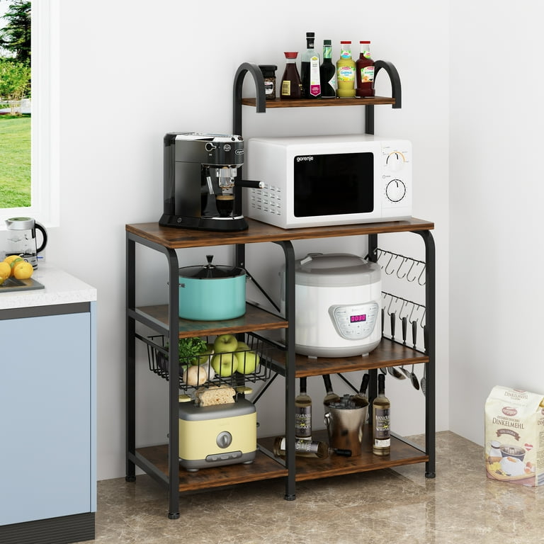Ktaxon 5 Tier Bakers Rack Kitchen Utility Microwave Oven Stand with Storage Shelves 10 Hooks Metal Basket Vintage Brown