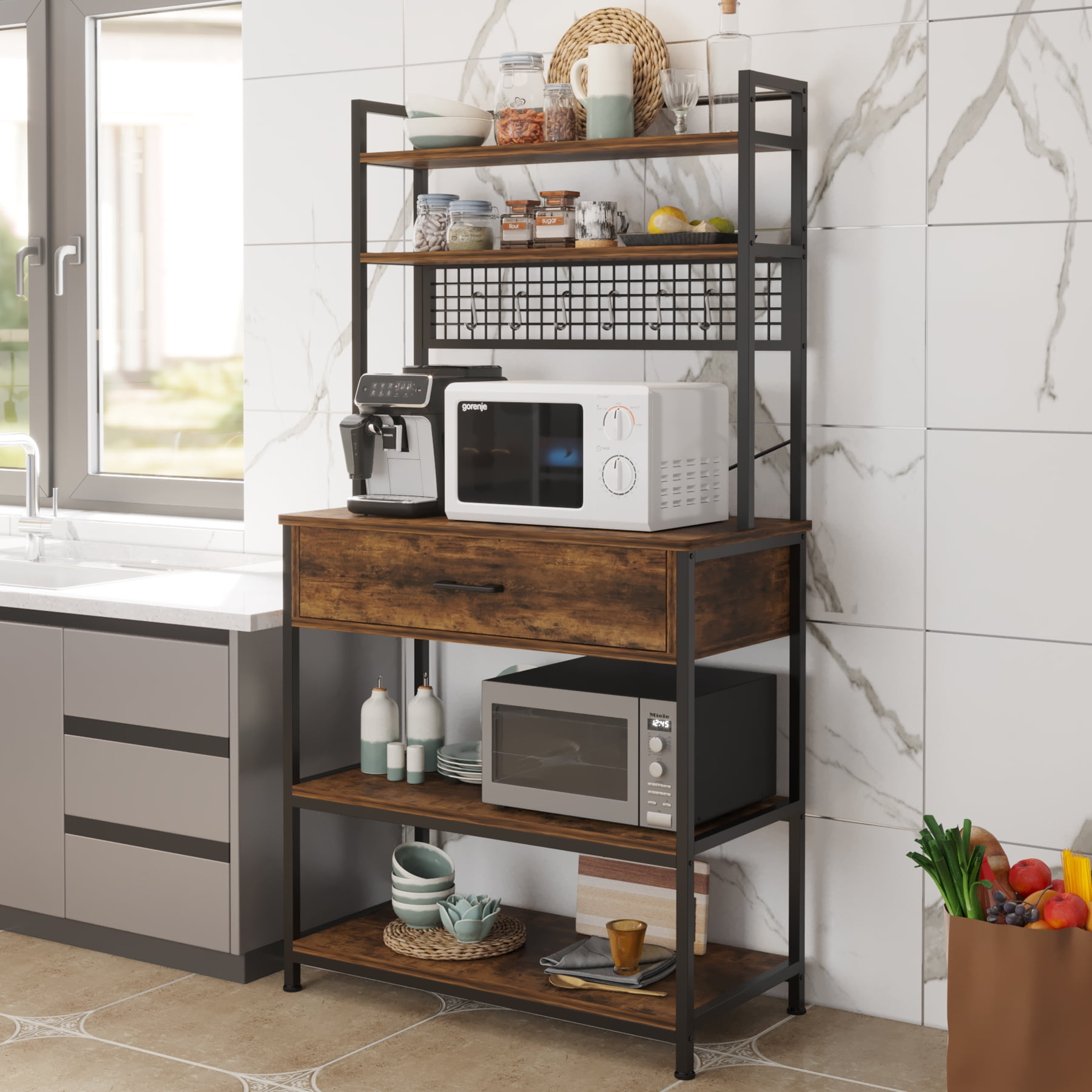 Free Shipping Ktaxon 5 Tier Kitchen Bakers Rack with Drawer and 10 Hooks Industrial Microwave Oven Stand Free Standing Kitchen Island Cart Storage Shelf Organizer Rustic Brown Walmart