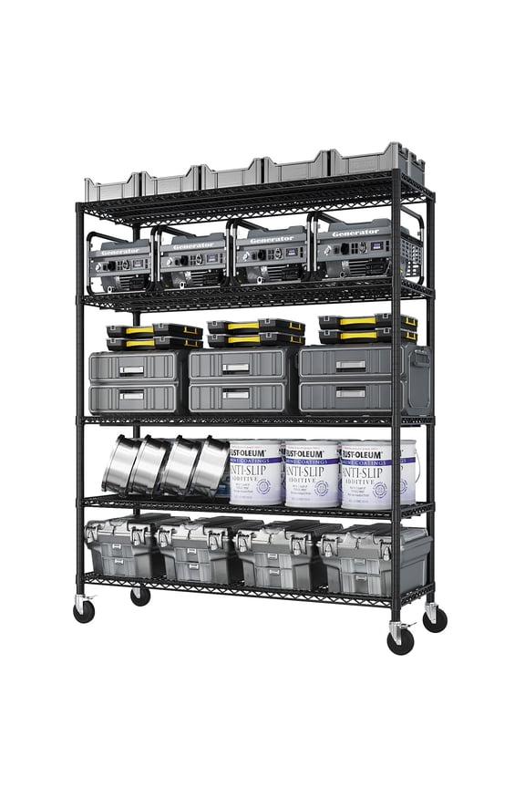 5 Tier Wire Shelving with Wheels, 55"W x 23.6"D x 75.6"H Multifunctional Storage Rack Metal Garage Shelves Organizer, Capacity for 3200lbs, Black
