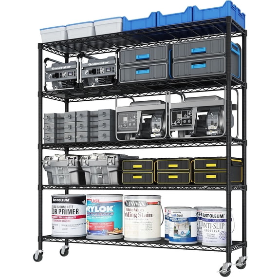 Ktaxon 5 Tier Wire Shelving with Wheels, 59"W x 18"D x 74"H Multifunctional Storage Rack Metal Garage Shelves Organizer, Capacity for 3125lbs, Black