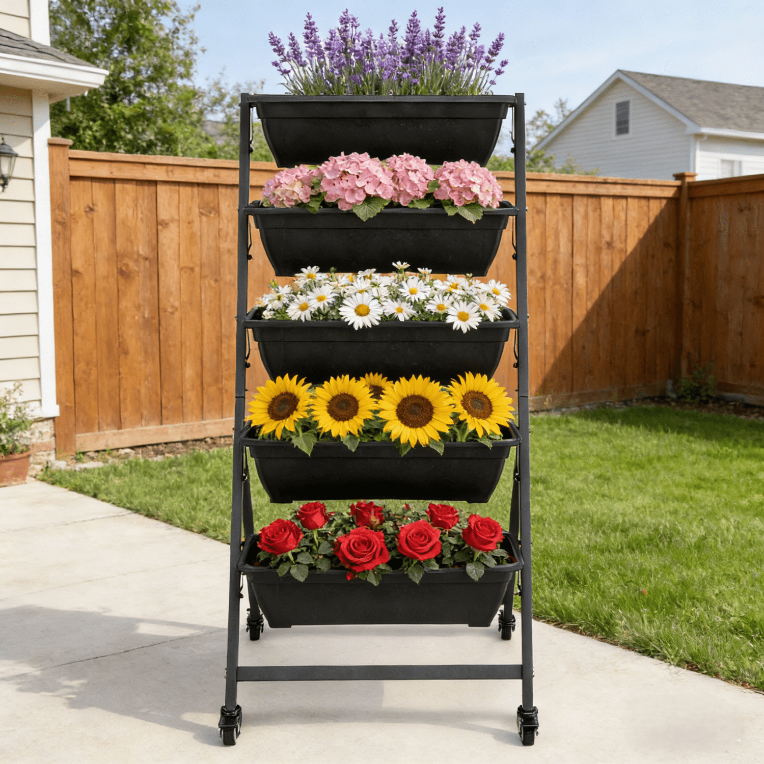 Ktaxon 5-Tier Raised Metal Standing Tower Planter Box with Wheels