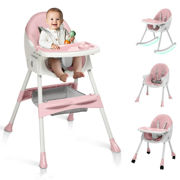Ktaxon Baby High Chair, Convertible 6 in 1 High Chairs for Babies and Toddlers, Foldable Baby Highchair with 5-Point Safety Harness, Adjustable Dining Tray, Backrest & Height, Pink