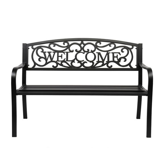 Ktaxon 50" Patio Garden Bench, Metal Frame Welcome Park Bench with Slatted Seat, for Outdoor, Lawn, Park, Deck- Black