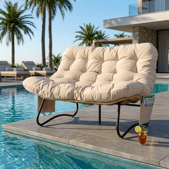 Ktaxon 52in Curved Rattan Double Bench with Magazine Pockets, All-Weather Rattan Loveseat for Patio or Indoor, Beige