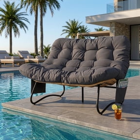 Ktaxon 52in Papasan Chair Curved Rattan Double Bench with Magazine Pockets, All-Weather Rattan Loveseat for Patio or Indoor, Dark Grey