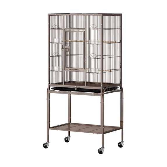 Ktaxon 53 Inch Brown Standing Metal Bird Cage with Rolling Wheel Stand, Large Vertical Parrot Cage with Storage Shelf & Pull Out Tray for Small Medium Birds