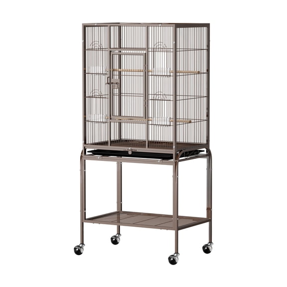 Ktaxon 53 Inch Brown Standing Metal Bird Cage with Rolling Wheel Stand, Large Vertical Parrot Cage with Storage Shelf & Pull Out Tray for Small Medium Birds
