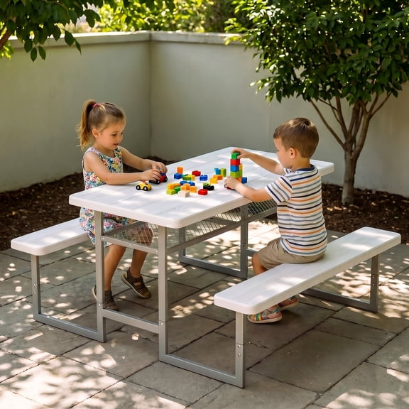 Ktaxon 54in Picnic Table with Umbrella Hole & Shelf Metal Frame HDPE Tabletop Plastic for Party, White