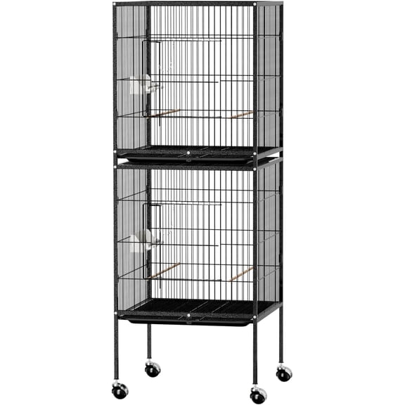 Ktaxon 55in Stacked Double Bird Cage with Wheels, Black Metal Divided Breeder Cage for Parakeets Cockatiels Canaries Finches