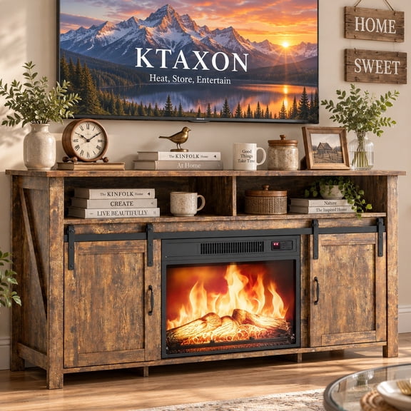 Ktaxon 58" Farmhouse TV Stand for 55/60/65" TVs, Modern Media Console Cabinet with 23in Fireplace with 2 Sliding Barn Doors and Open Shelves, Rustic Brown
