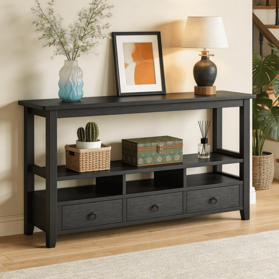 Ktaxon 58"  Mid-Century Console Table with 3 Drawers, Sofa Table Entryway Table Living Room Storage Table with 4 Shelves for Hallway, Entry, Foyer, Office, Black