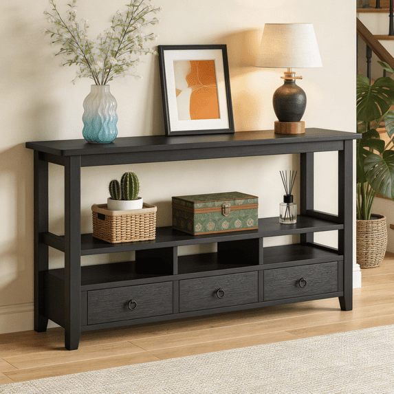 Ktaxon 58" Mid-Century Console Table with 3 Drawers, Sofa Table Entryway Table Living Room Storage Table with 4 Shelves for Hallway, Entry, Foyer, Office, Black