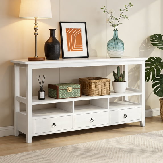 Ktaxon 58" Mid-Century Console Table with 3 Drawers, Sofa Table Entryway Table Living Room Storage Table with 4 Shelves for Hallway, Entry, Foyer, Office, White