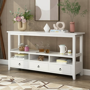 Ktaxon 58"  Modern Long Console Table with 3 Drawers, Sofa Table Entryway Living Room Table with Shelves for Hallway, Foyer, Office, White