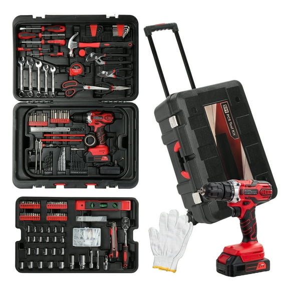 Ktaxon 599pcs Portable Tool Set With Rolling Tool Box, Home Auto Repair Tool Kit Mechanic Tool Set with 21V Max Cordless Power Drill