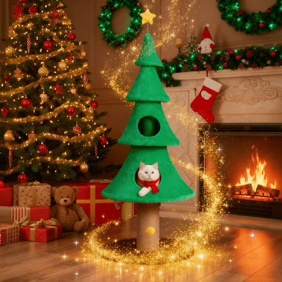 Ktaxon 59in Large Christmas Tree Cat Tower with 2 Condos, Scratching Post, Soft Fleece, Teaser Toy & Sturdy Base, Green