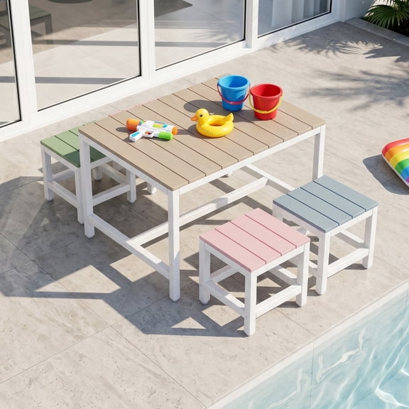 Ktaxon 5Pcs Outdoor Kids Picnic Table, Child Wooden Table Set with 4 Chairs, Children Activity Furniture Set for Patio Porch Backyard (Khaki Table)