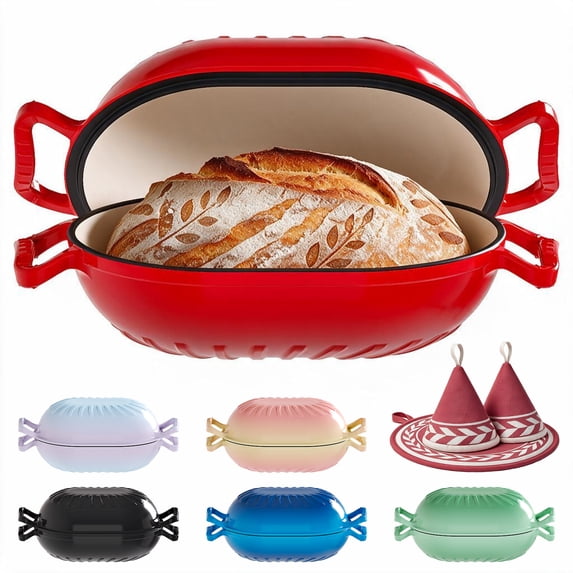 Ktaxon 5QT Enameled Cast Iron Dutch Oven with Upgraded Textured Handles, Candy-Shaped Sourdough Bread Baking Pot, Oven Safe to 500°F, Cherry Red
