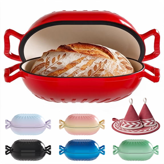 Ktaxon 5QT Enameled Cast Iron Dutch Oven with Upgraded Textured Handles, Candy-Shaped Sourdough Bread Baking Pot, Oven Safe to 500°F, Cherry Red