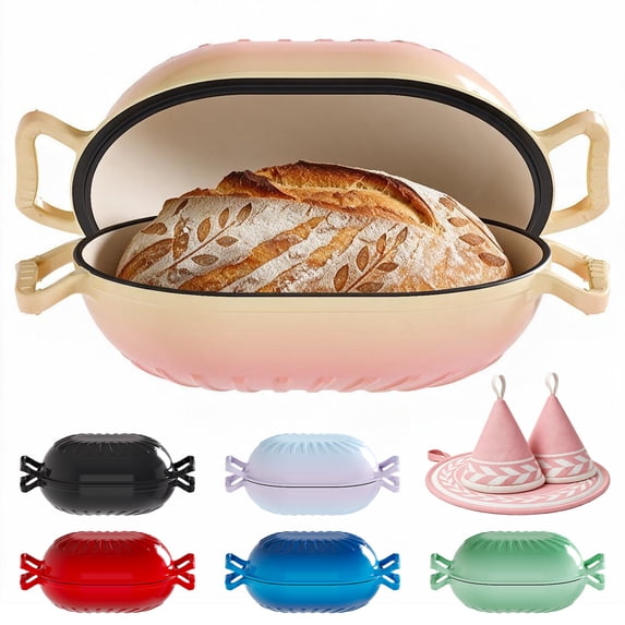 Ktaxon 5QT Enameled Cast Iron Dutch Oven with Upgraded Textured Handles, Candy-Shaped Sourdough Bread Baking Pot, Oven Safe to 500°F, Sunset Pink