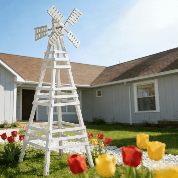 Ktaxon 6.6FT Wood Windmill Backyard Garden Decoration Weathervane, Freestanding Weather Vane with Windmill Head, White