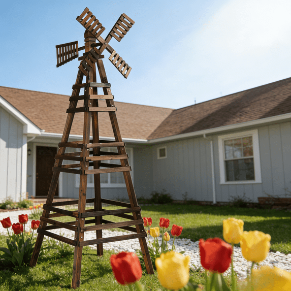 Ktaxon 6.6FT Wood Windmill Weathervane - Rustic Garden Decor, Wind Direction Indicator, Solid Fir Wood, Carbonized Brown