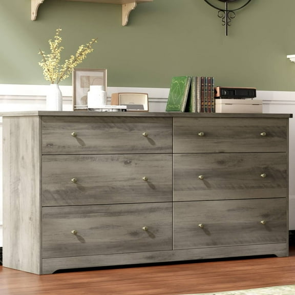 Ktaxon 6 Drawer Double Dresser Wood Dresser Storage Cabinet Drawer Organizer Chest Of Drawers, Gray