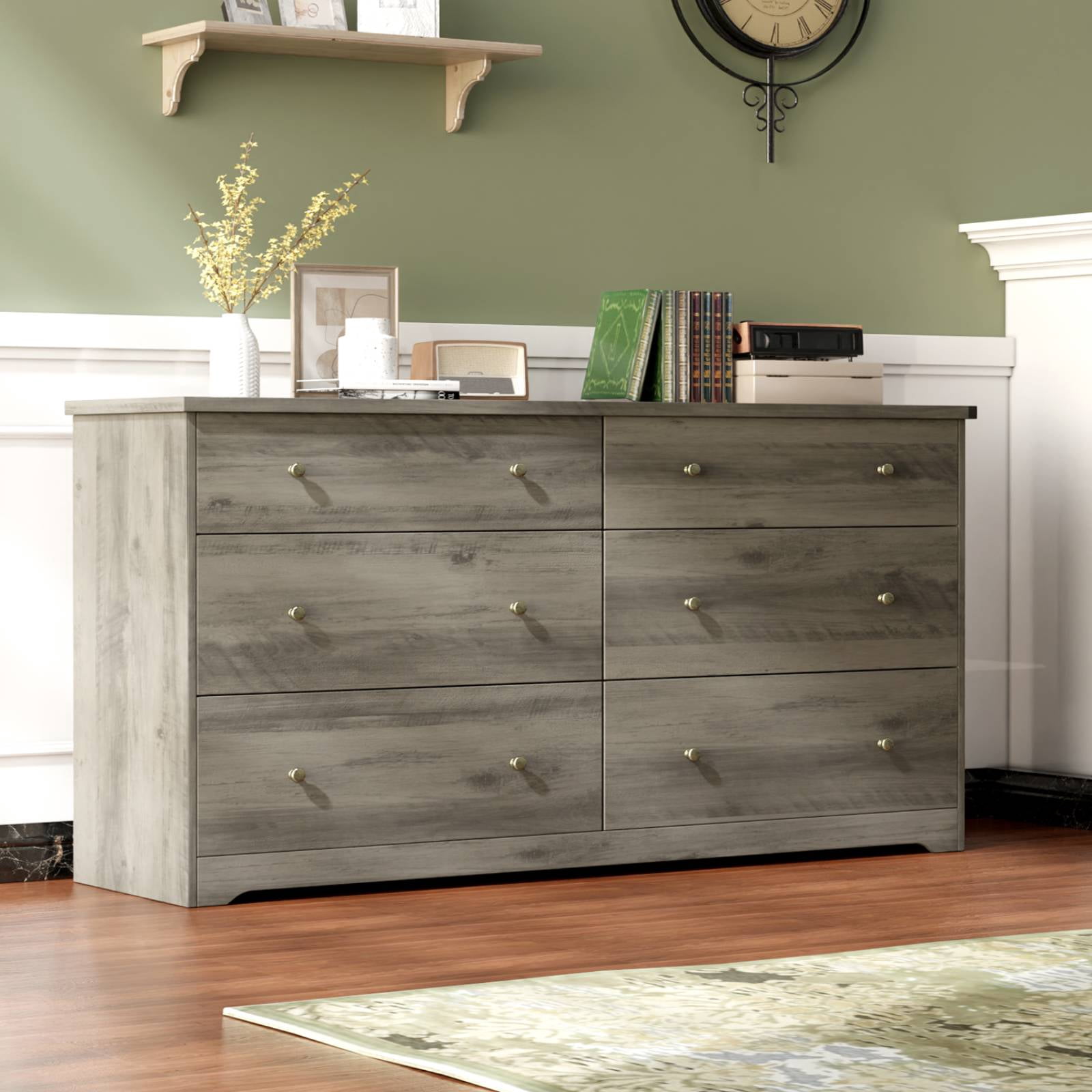 Ktaxon 6 Drawer Double Dresser Wood Dresser Storage Cabinet Drawer ...