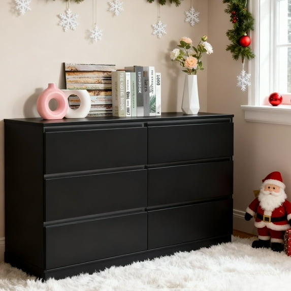 Ktaxon 6 Drawer Double Dresser Wood Dresser Storage Cabinet Drawer Organizer Chest Of Drawers, Black