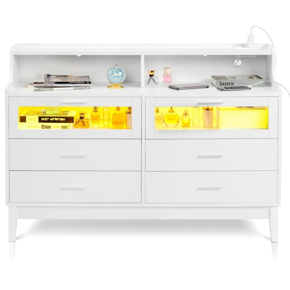 Ktaxon 6 Drawer Double Dresser with LED and USB Charging Station, Kids Dresser, Nursery Dresser Drawer Organizer, Chest Of Drawers, White