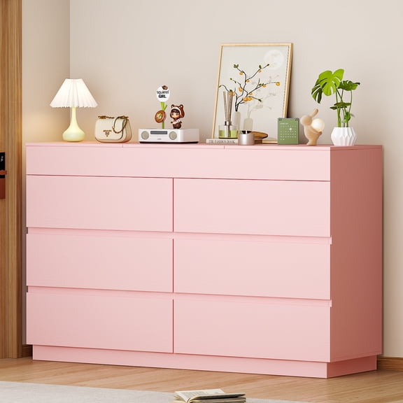 Ktaxon 6 Drawer Double Dresser with Mirrow Wood Dresser Storage Cabinet Drawer Organizer Chest of Drawers, Pink