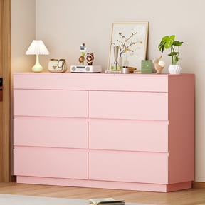 Ktaxon 6 Drawer Double Dresser with Mirrow Wood Dresser Storage Cabinet Drawer Organizer Chest of Drawers, Pink