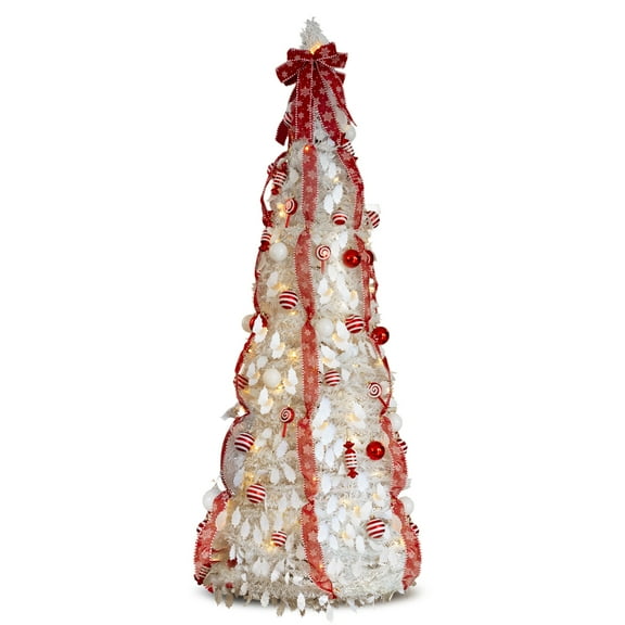 Ktaxon 6 FT Artificial Christmas Tree,Pre-Lit Collapsible Xmas Tree with 100 LED,8 Modes,Pre-decorated for Holiday Decoration,White