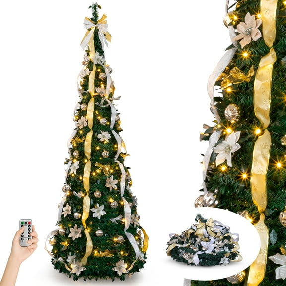 Ktaxon 7 FT Artificial Christmas Tree,Pre-Lit Collapsible Xmas Tree with 300 LED,8 Modes,Pre-decorated for Holiday Decoration,Gold