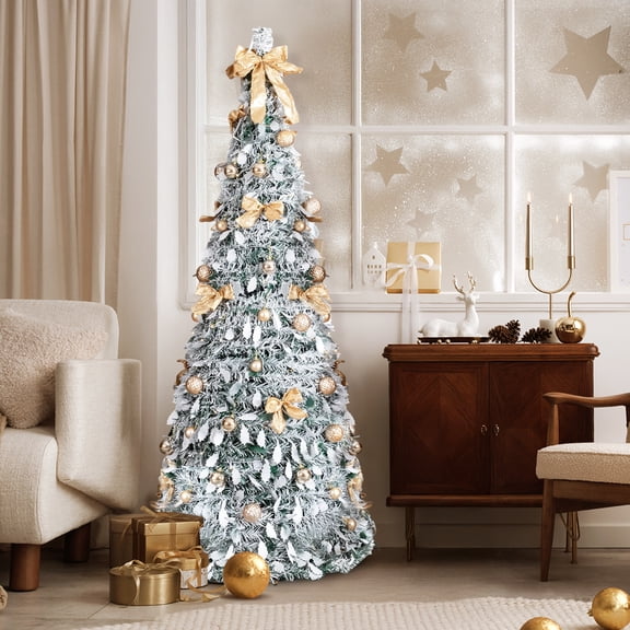 Ktaxon 6 FT Snow Flocked Artificial Christmas Tree,Pre-Lit Collapsible Xmas Tree with 100 LED,8 Modes,Pre-decorated for Holiday Decoration