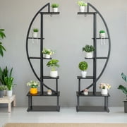Ktaxon 6 Layer Half Moon Flower Stand, Metal with Wood Plant Shelf, Black, 2PCS