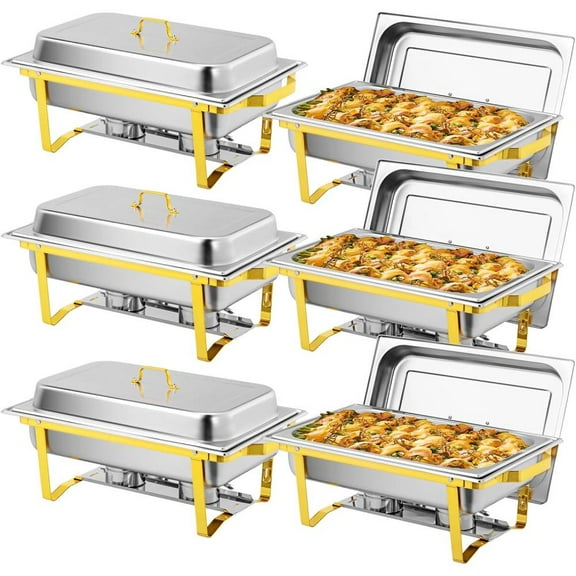 Ktaxon 6 Pack Chafing Dish for Buffet, 8 Quart Stainless Steel Buffet Set, Rectangular Chafers and Warmers Sets for Party, Catering, Wedding, Banquet, Graduation, Gold