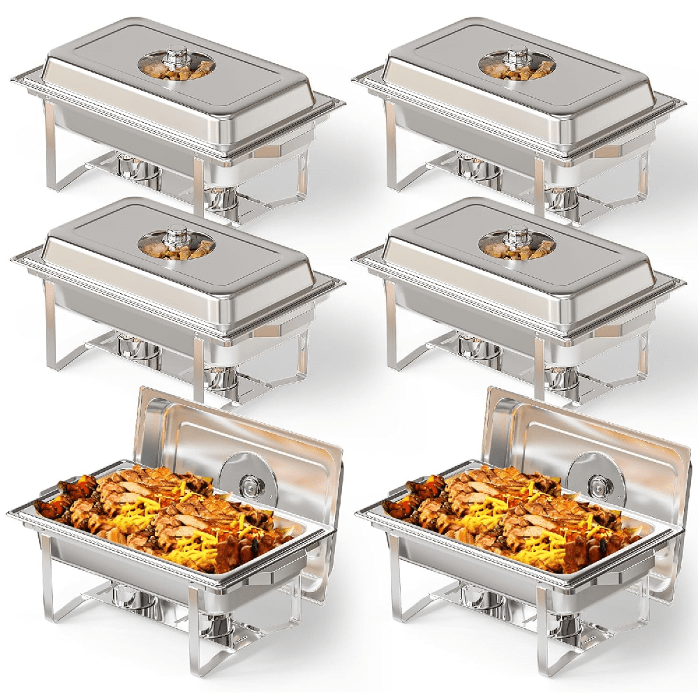 Ktaxon 6 Pack Chafing Dish for Buffet with Glass Lid, 8 Quart Stainless Steel Buffet Set, Rectangular Chafers and Warmers Sets for Party, Catering, Wedding, Banquet, Graduation