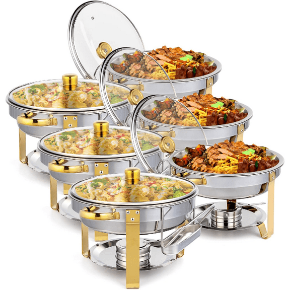 Ktaxon 6 Pack Chafing Dish for Buffet with Glass Lid & Lid Holder, 5 Quart Stainless Steel Buffet Set, Round Chafers and Warmers Sets for Party, Catering, Wedding, Banquet, Graduation