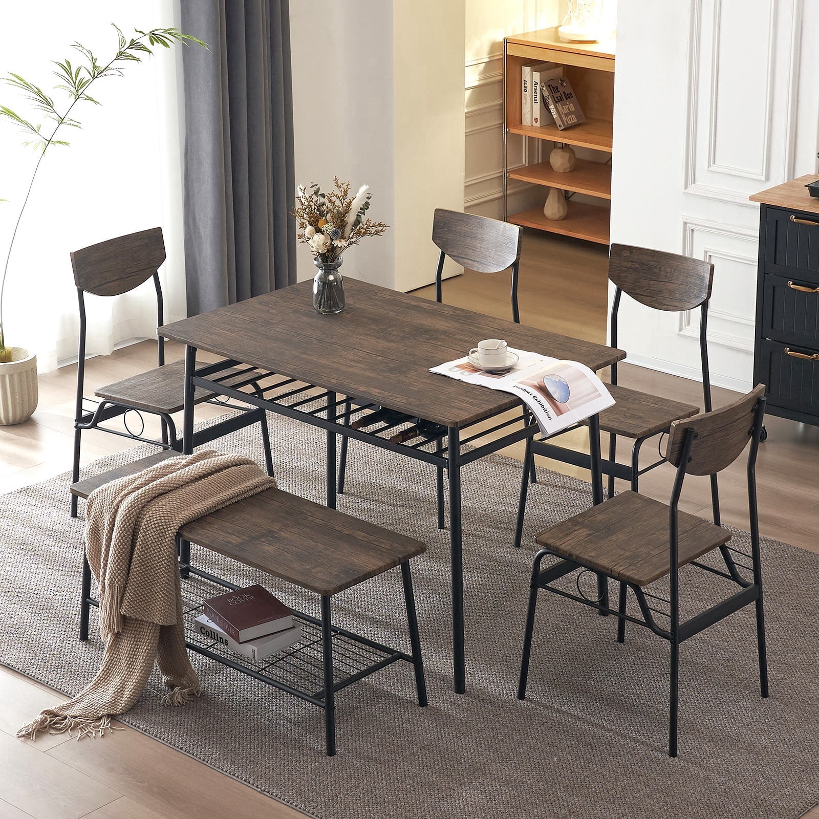 Ktaxon Mid-Century Modern Dining Room Set for 6, Rectangle Kitchen Table Set with 4 Chairs and 1 Bench, Dining Table for 6 with Storage, Retro Brown