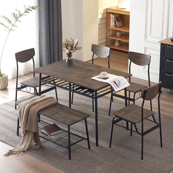 Ktaxon Mid-Century Modern Dining Room Set for 6, Rectangle Kitchen Table Set with 4 Chairs and 1 Bench, Dining Table for 6 with Storage, Retro Brown