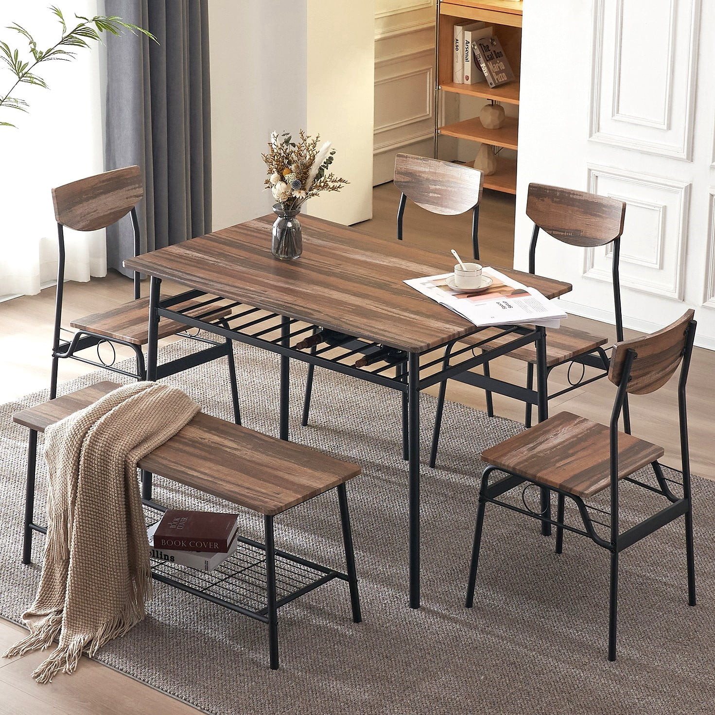 Ktaxon 6-Piece Dining Set, Natural Color, Table 43.3x27.6x29.9 in