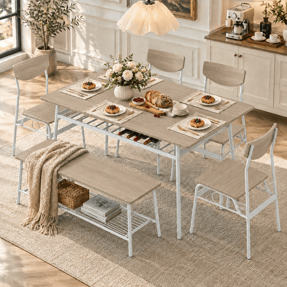 Ktaxon Mid-Century Modern Dining Room Set for 6, Rectangle Kitchen Table Set with 4 Chairs and 1 Bench, Dining Table for 6 with Storage, White Oak