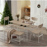 Ktaxon 6-Piece Dining Room Set Modern Kitchen Table Set with 4 Chairs and 1 Bench, Dining Table for 6 with Metal Frame White Oak Color