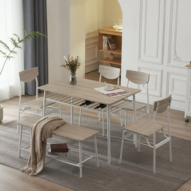 Ktaxon 6-Piece Dining Room Set Modern Kitchen Table Set with 4 Chairs and 1 Bench, Dining Table for 6 with Metal Frame White Oak Color