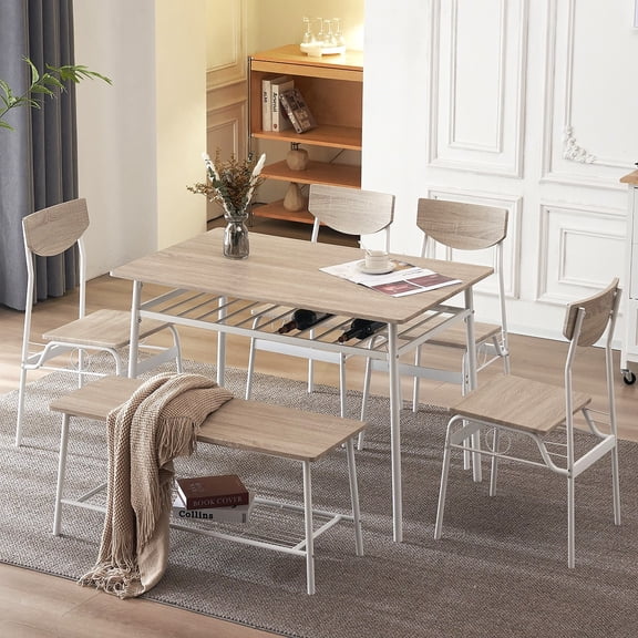 Ktaxon Mid-Century Modern Dining Room Set for 6, Rectangle Kitchen Table Set with 4 Chairs and 1 Bench, Dining Table for 6 with Storage, White Oak