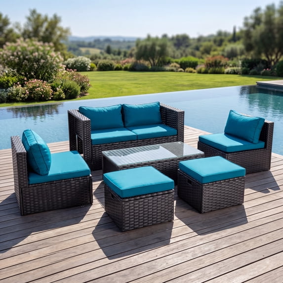 Ktaxon 7-Piece Modular Patio Sectional Set, All-Weather Wicker, Black Frame Peacock Green Cushions
