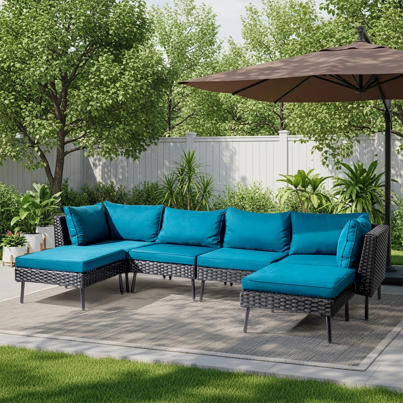 Ktaxon 6 Pieces  Modular Patio Sectional Set, All-Weather Wicker with Removable Cushions & Ottomans, Black Rattan Peacock Green