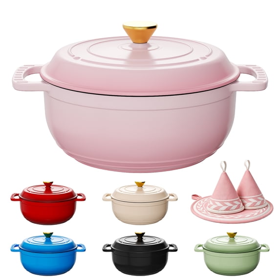Ktaxon 6 Quart Enameled Cast Iron Dutch Oven with Upgraded Textured Handles Pre-Seasoned Cookware, Induction & Oven Safe up to 500°F, Pink