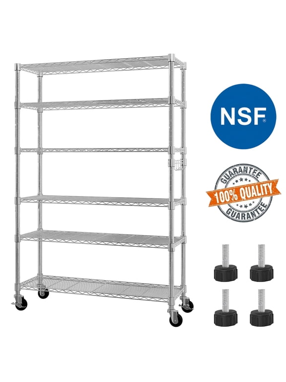 6 Tier Wire Shelving with Wheels 2400LBS Capacity, Heavy Duty Storage Rack for Home Garage, 46"W x 18"D x 82"H Adjustable Shelves, Silver